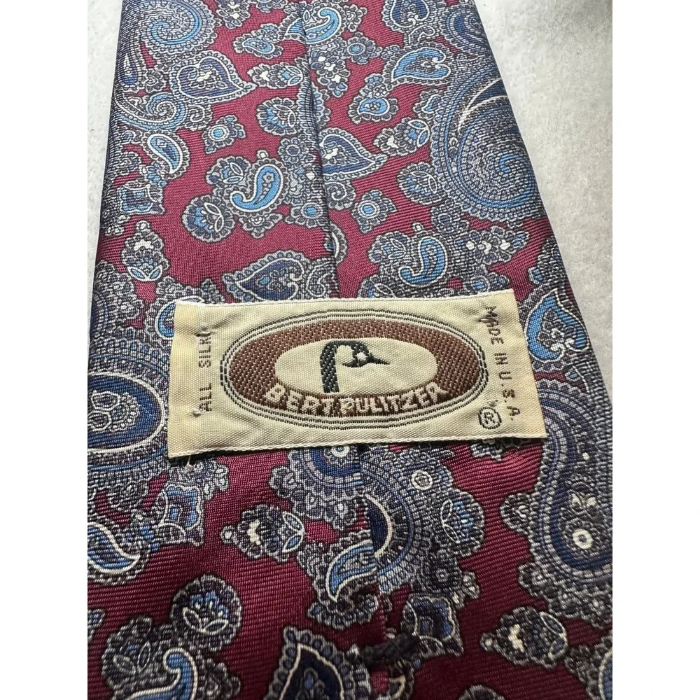 Bert‎ Pulitzer Mens Silk Paisley Tie Burgundy Blue Silver Made in USA Classic